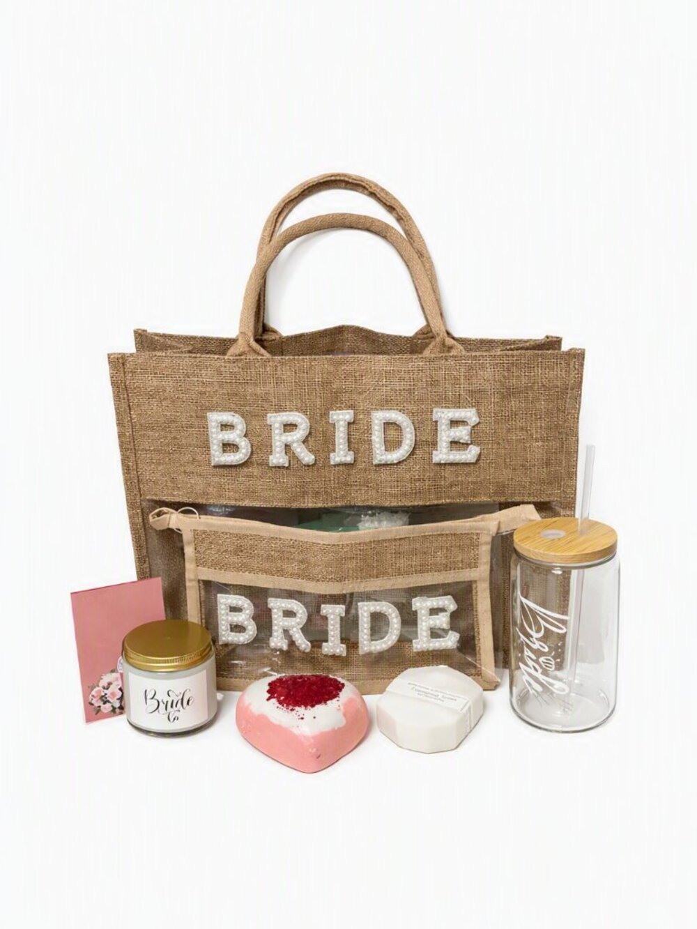 Ultimate Bride Gift Set | Burlap Tote + Cosmetic Bag + Spa Candle + Bath Bomb